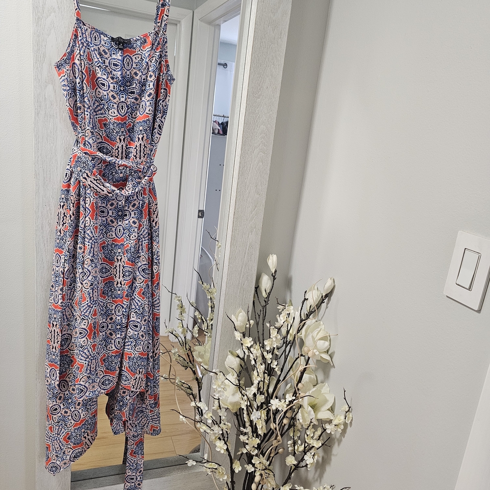 The Limited Red & Blue Printed Midi Dress with Belt